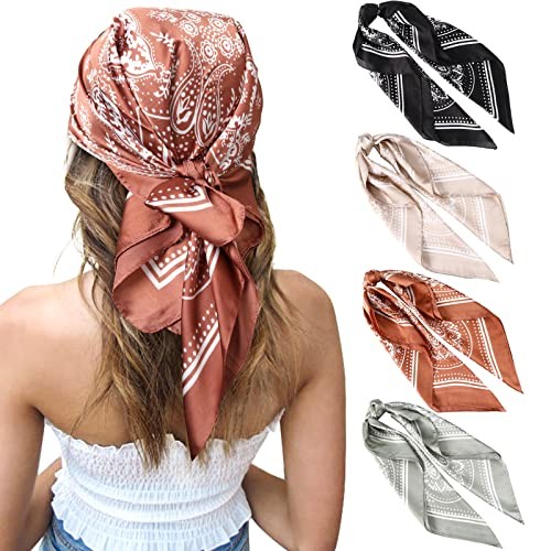 27 Inches Silk Feeling Square Head Scarf – 4 Pcs Black+camel+light Green+brown