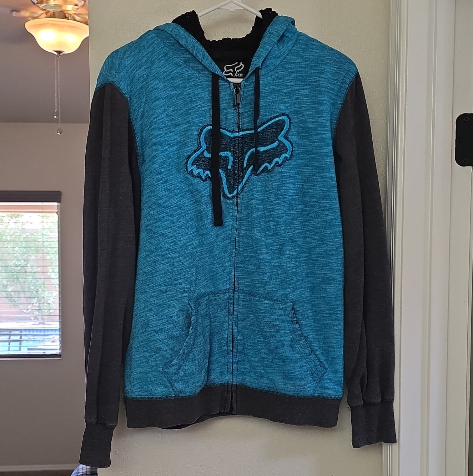 Fox Full Zip Fleece Hoodie Blue/Black Fox Head Graphic Women’s XL