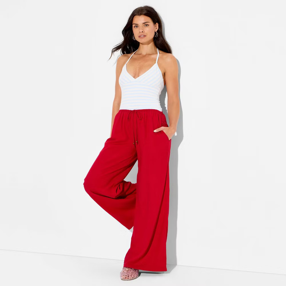 Women Low-Rise Baggy Leg Linen Pull-On Pants – Wild Fable Red S