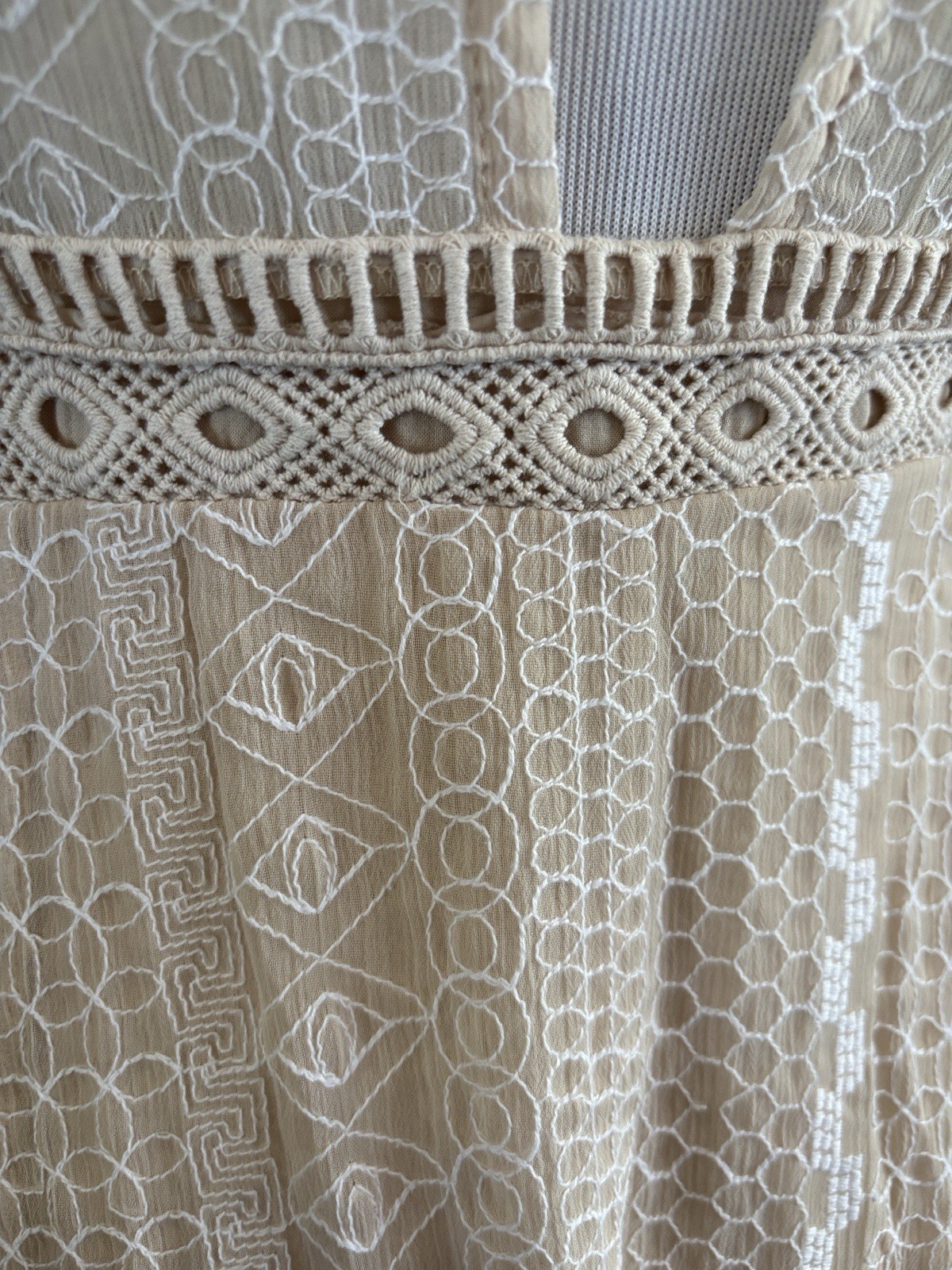 Free People Beige Lace Crochet Cut-Out A-Line Mini Dress Round Neck Button 4
