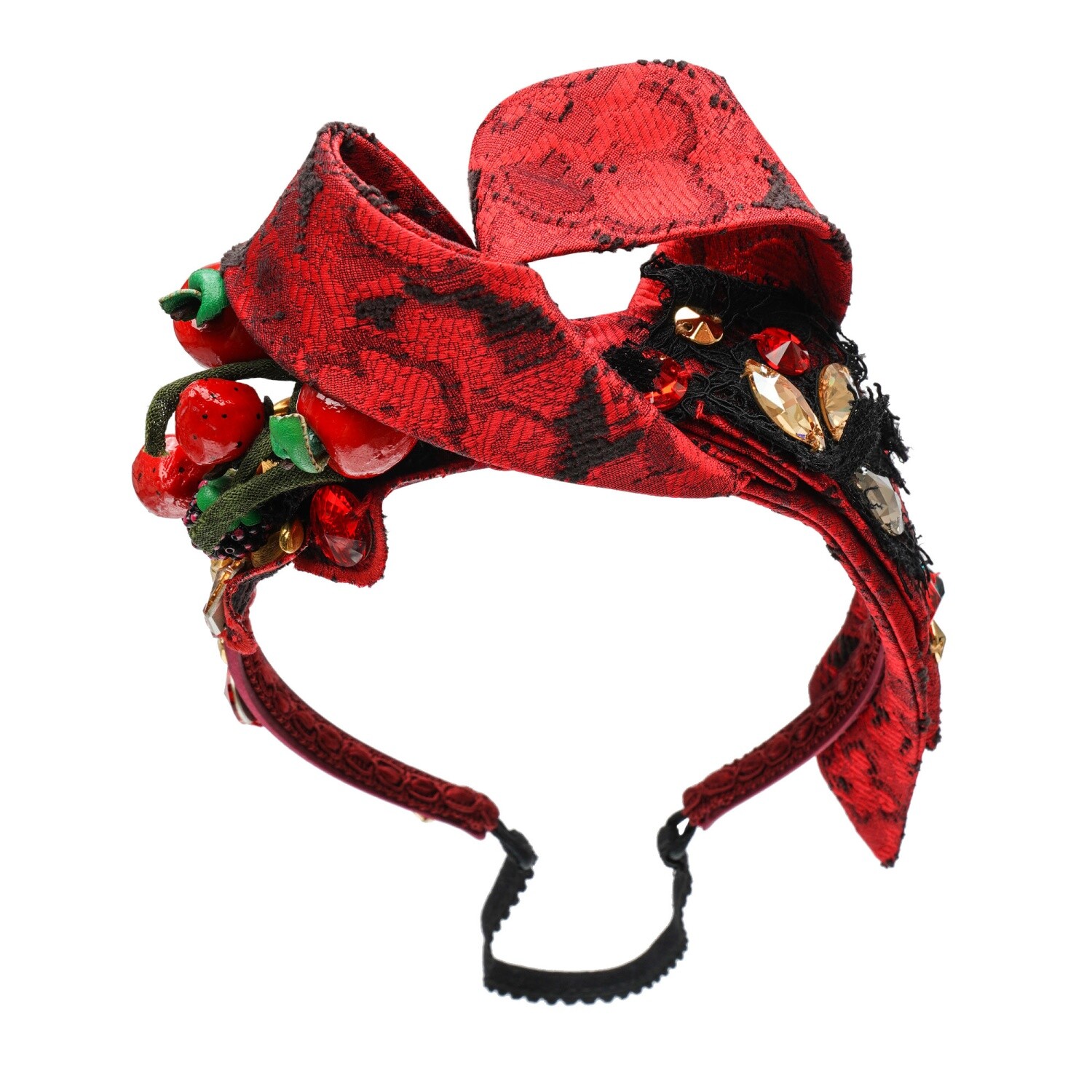 DOLCE & GABBANA Crystal Berry Jacquard Hairband Headband Tiara Red Black