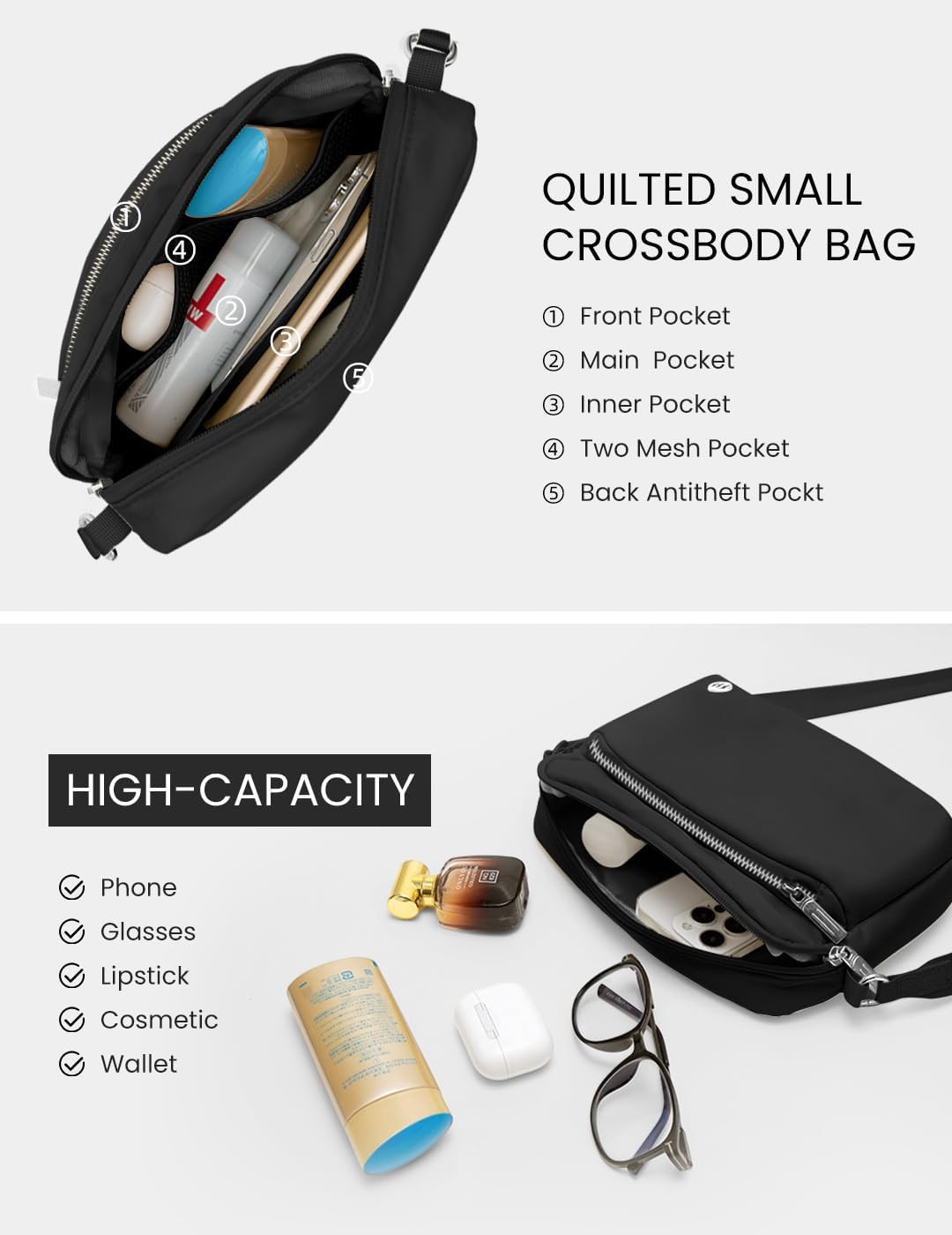 Everywhere Crossbody Bag 2L Metal Hardware, Casual Crossbody Bags Black Silver