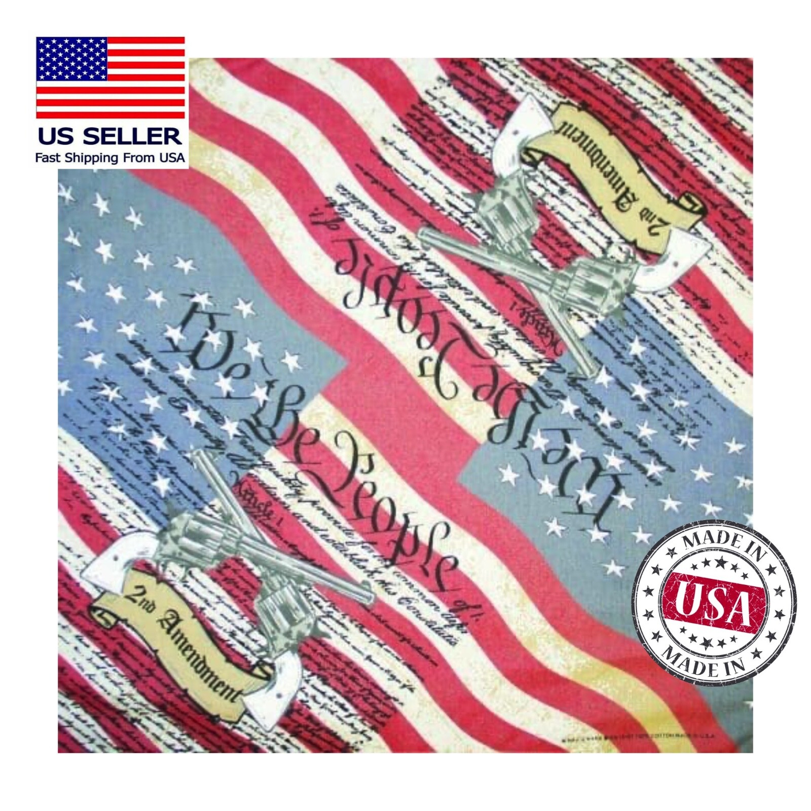 2nd Amendment 22x22in Bandanna USA MADE! Single Side Print 100% Cotton