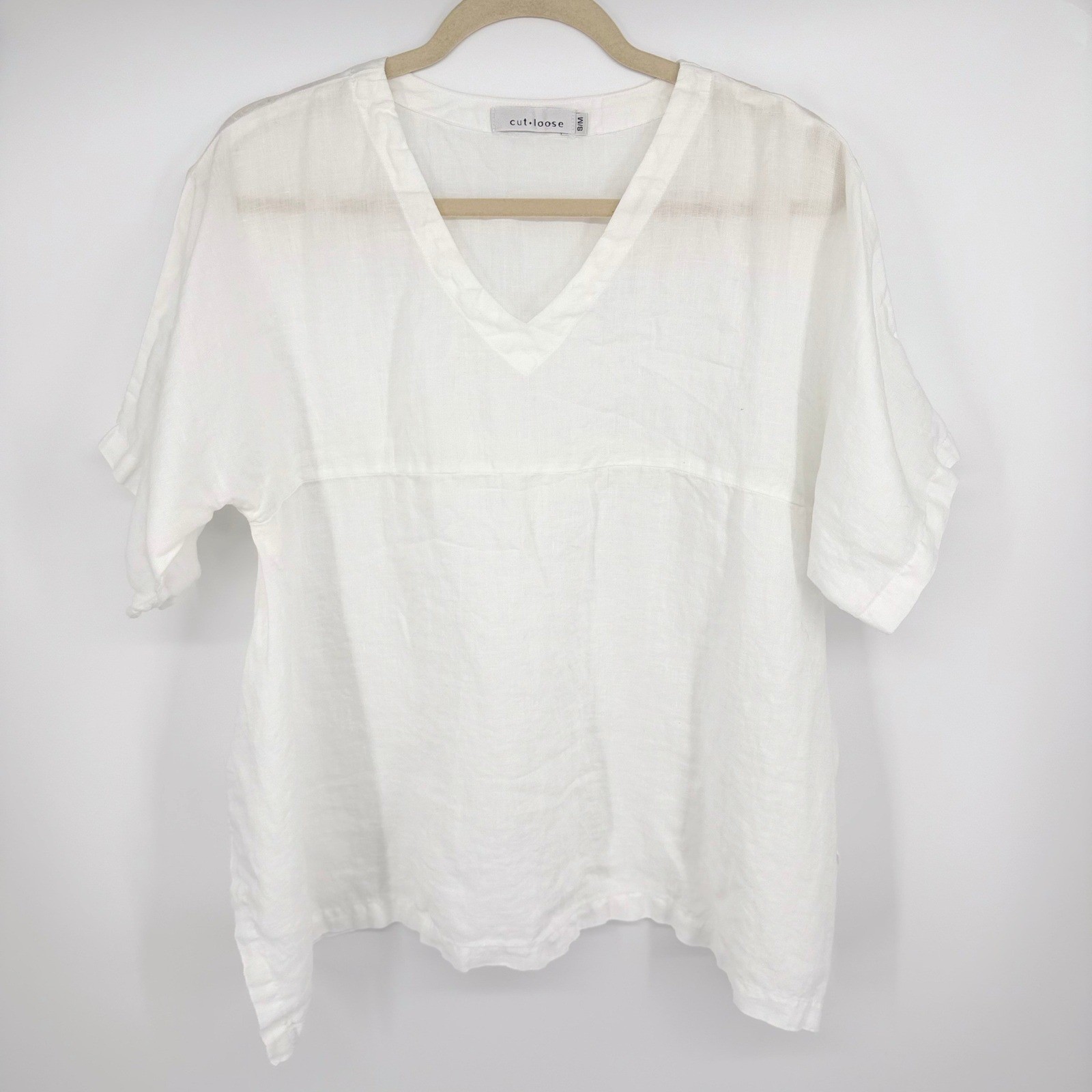Cut Loose 100% Linen V-Neck Tunic Top Size S/M White Short Sleeve Boxy Lagenlook