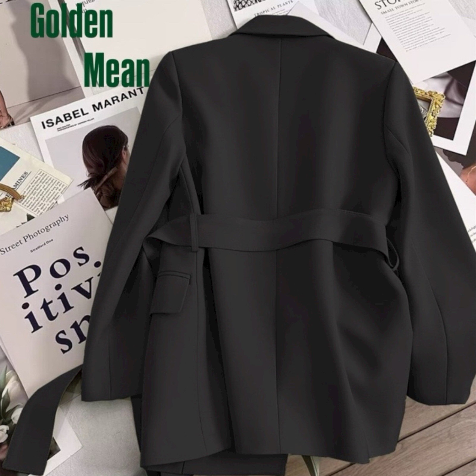 Women Elegant Suit Jackets Blazer Black Waist Ribbon Tie Up Size L Front Pockets