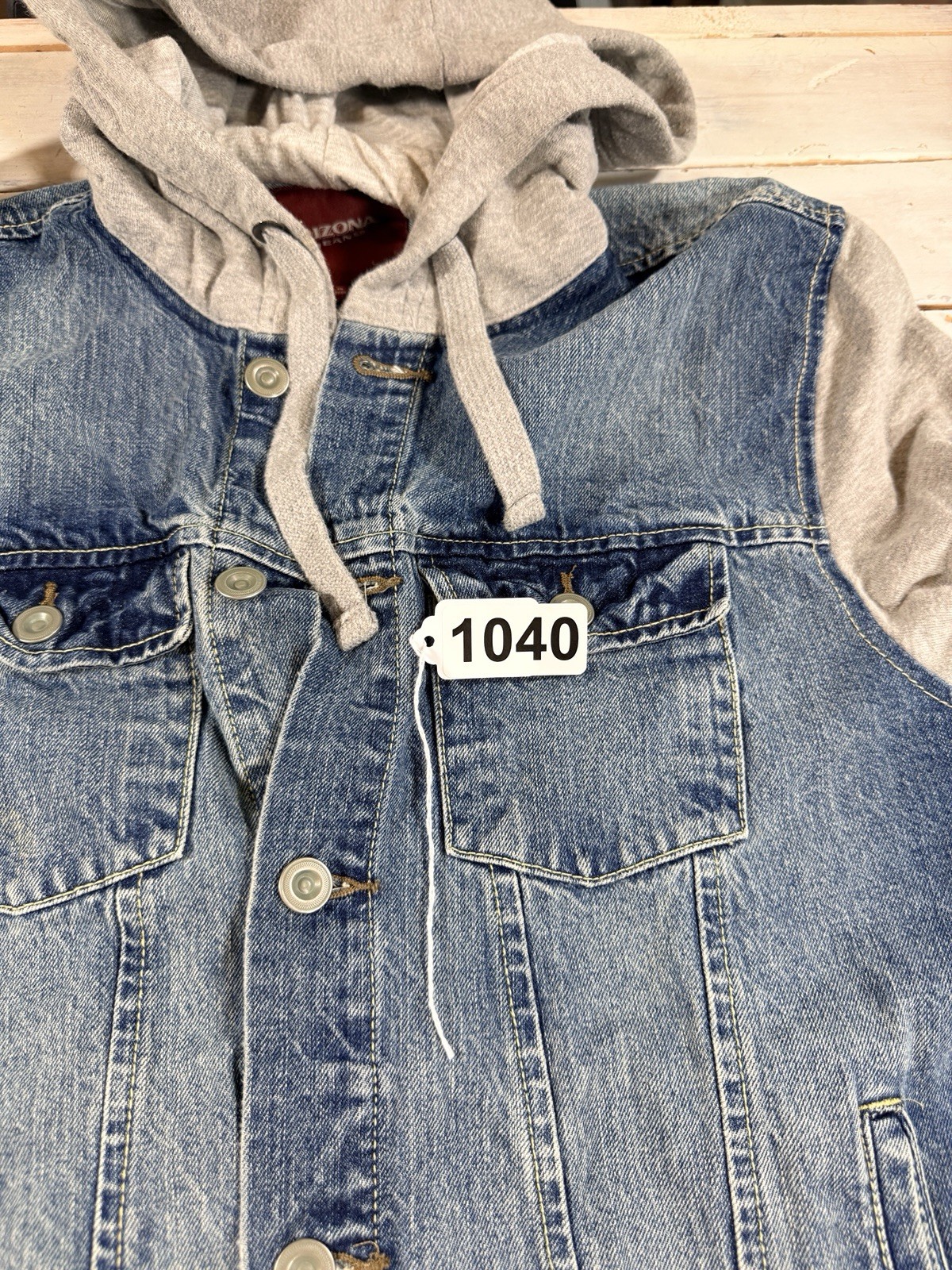 Arizona Jean Hooded Jacket Sz S Denim Button Up Blue Hybrid Trucker Distressed