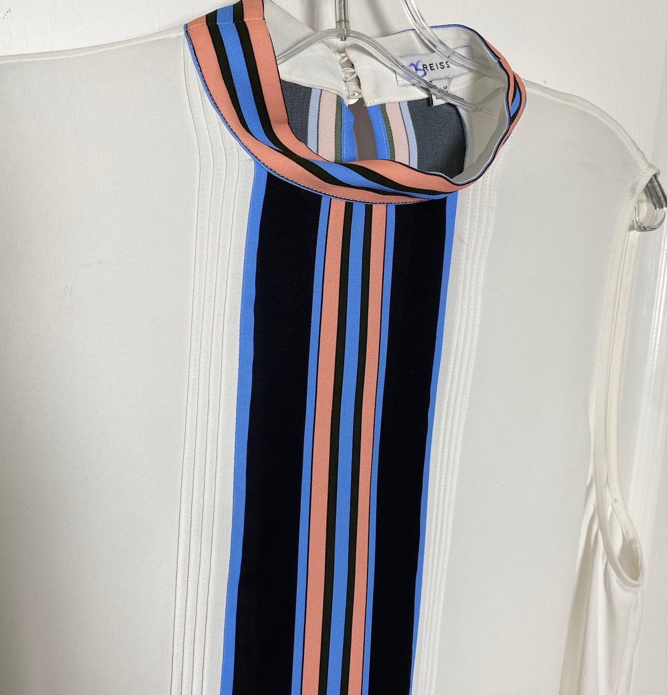 REISS White Blue Black Coral Stripe Pleated High-Neck Sleeveless Tank Top 8 US M