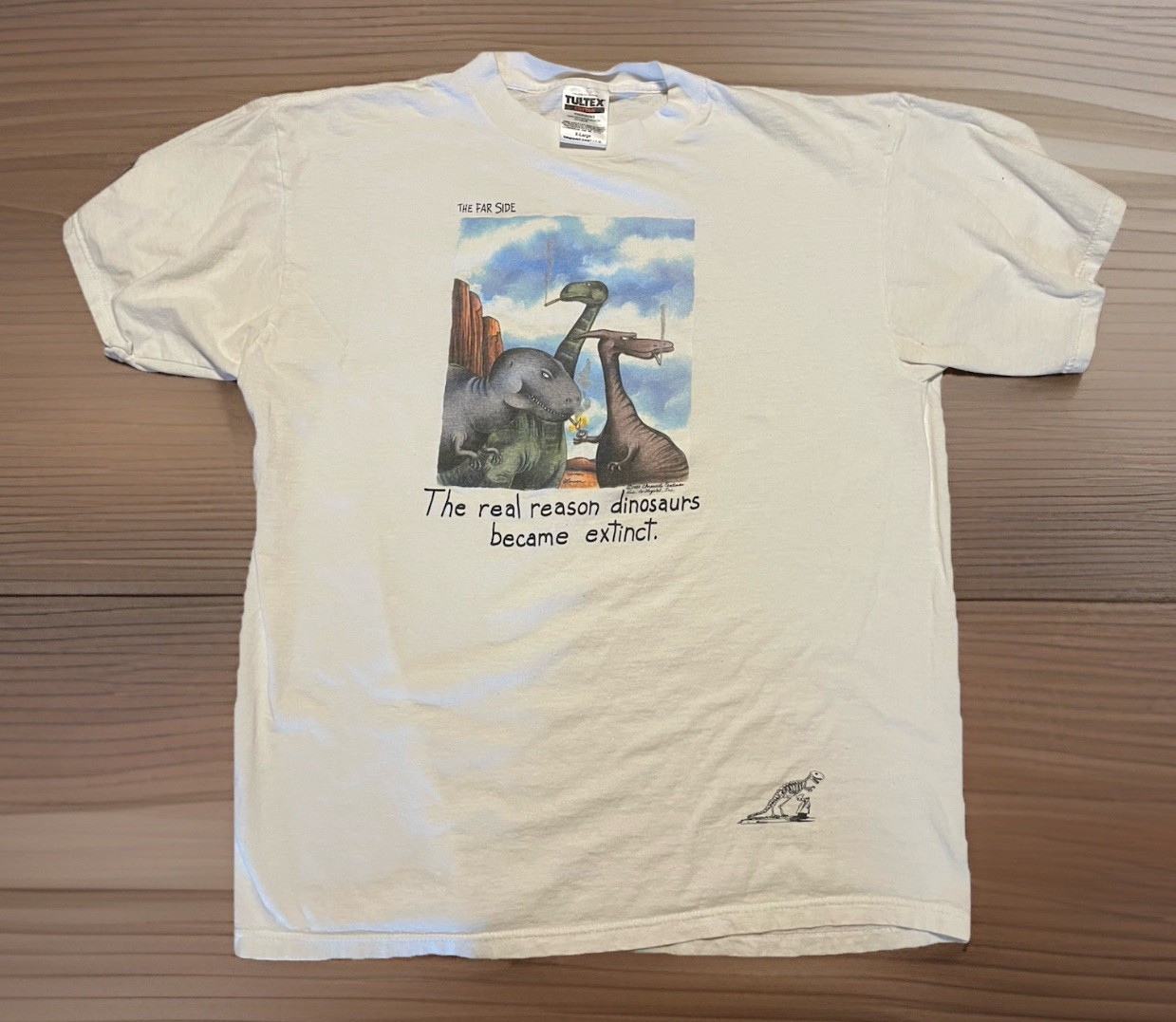 Gary Larson T-Shirt The Real Reason Dinosaurs Became Extinct Size XL Cigarette