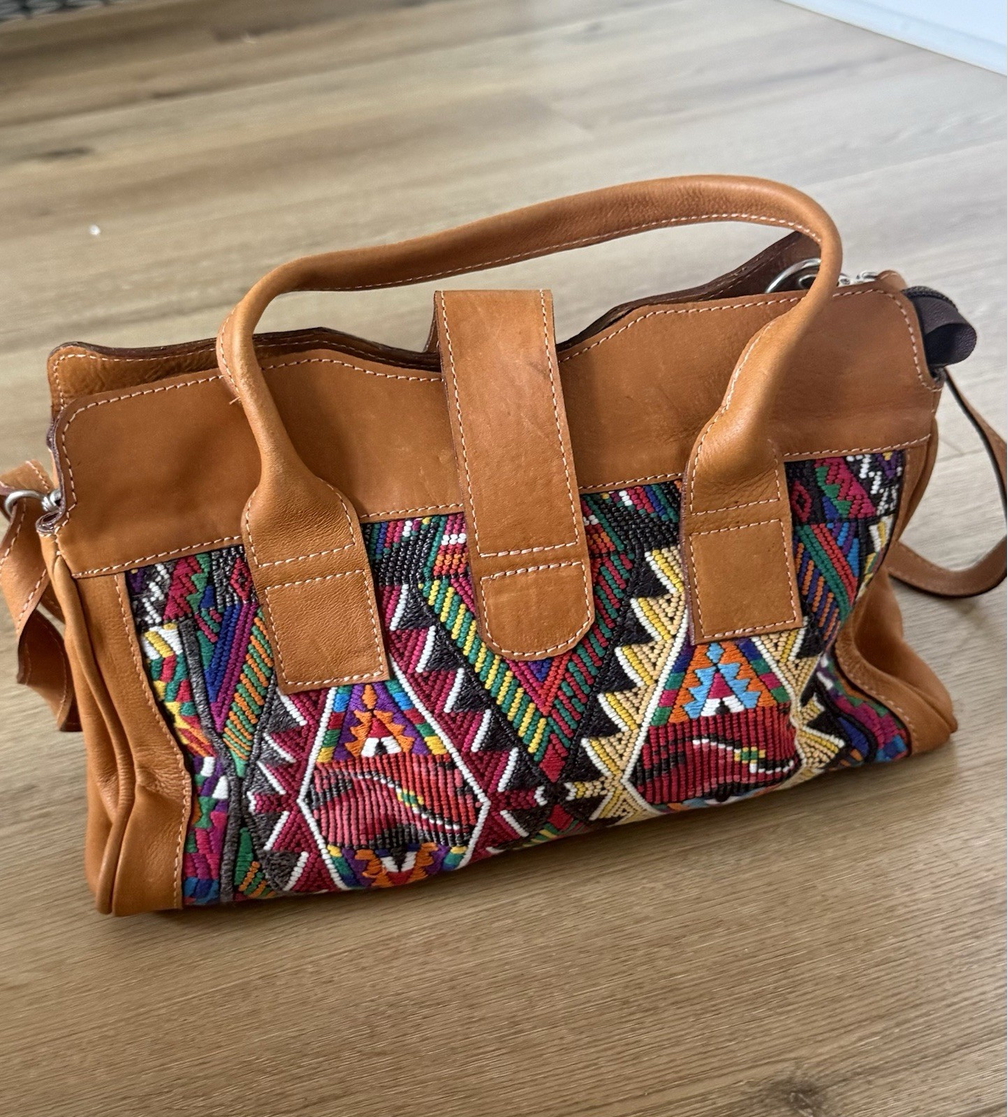 Brown Multicolor Geometric Satchel Top Handle Bag w/ Detachable Crossbody Strap