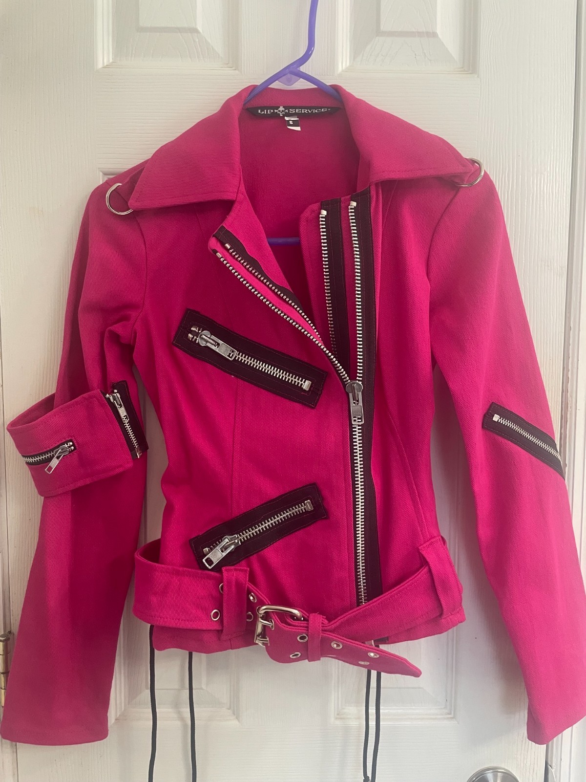 Vintage LIP SERVICE Womens Pink Punk Rock Moto Zip Jacket Size Small!!