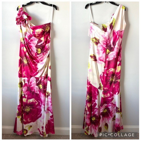 Rene Ruiz Floral One Shoulder Gown Pink Multi 16