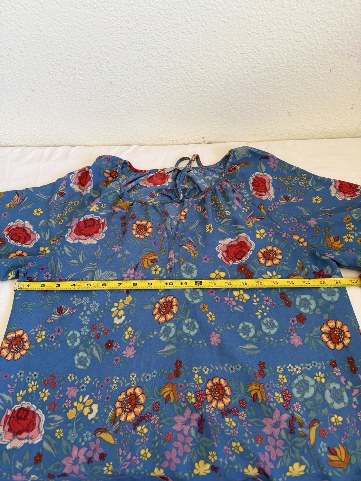 Dalia Women’s Blue Floral Long Sleeve Peasant Blouse Tie Neck Boho Top Size L