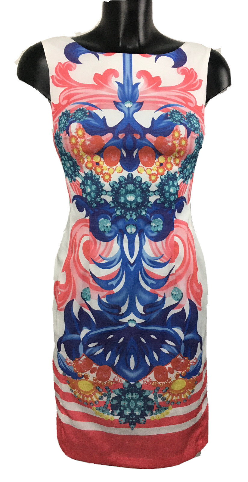 SALSA DRESS 8 Occasion Party SHEATH Short Stretchy Printed Ivory Red Damask