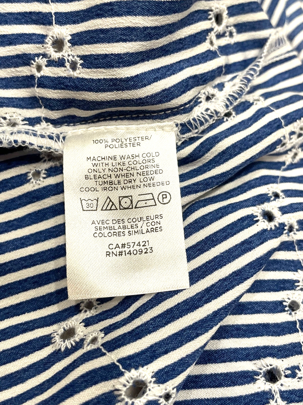 LOFT Outlet Eyelet Blouse Size XL Navy Blue Stripe Gathered Shoulders 3/4 Sleeve