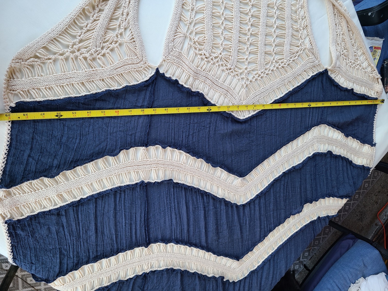 Cream & Blue Crochet Duster Over Wrap. Boho, Hippie Sz: M, Vivid Importers Of NY