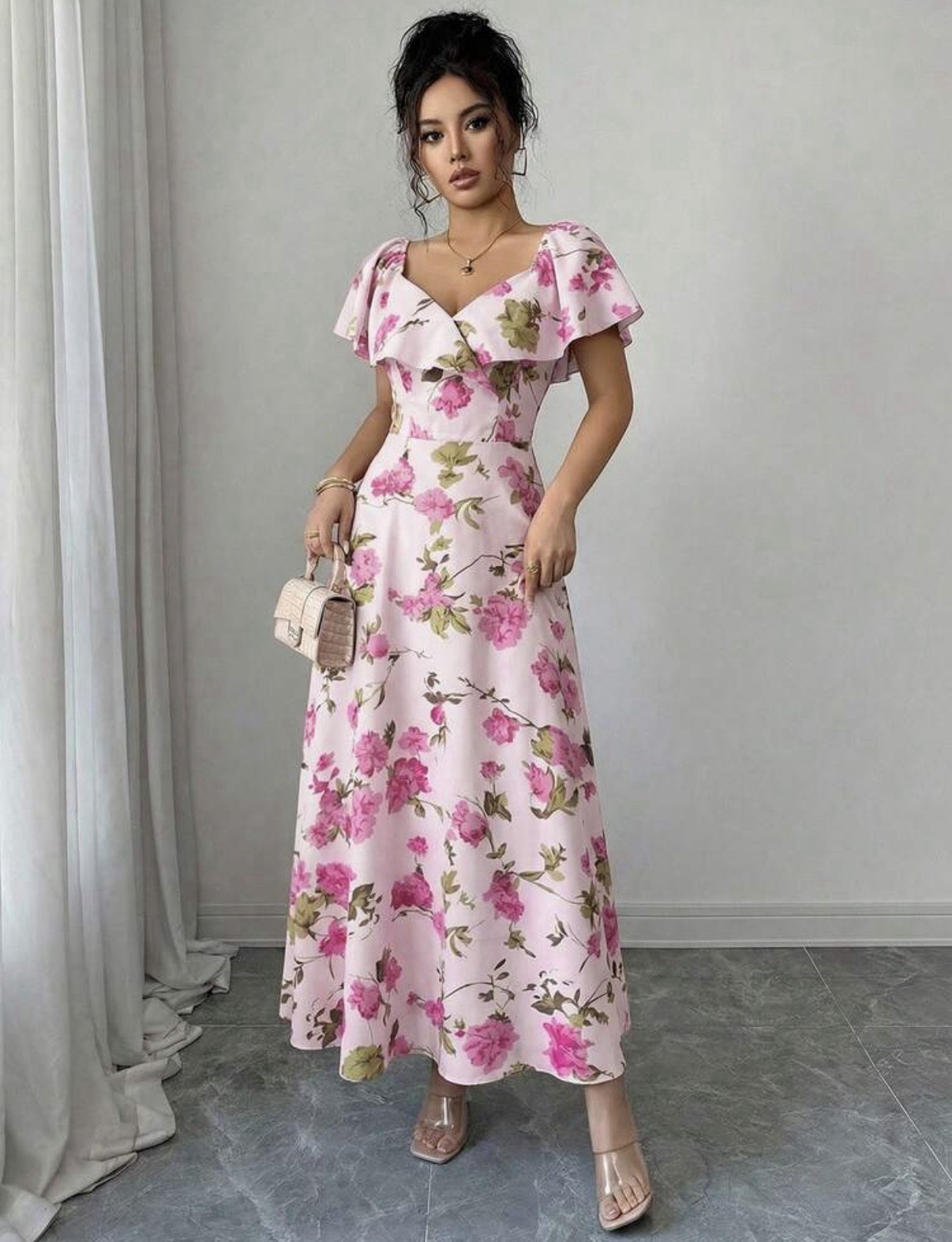Brand New Floaty Ruffle Ditsy Flower Dusty Pink Maxi Dress Wedding Summer 14