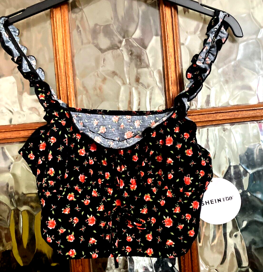 BNWT Ladies SHEIN V-Cay Salsa Chilli RED & Candy PINK Floral Print Strappy Top L