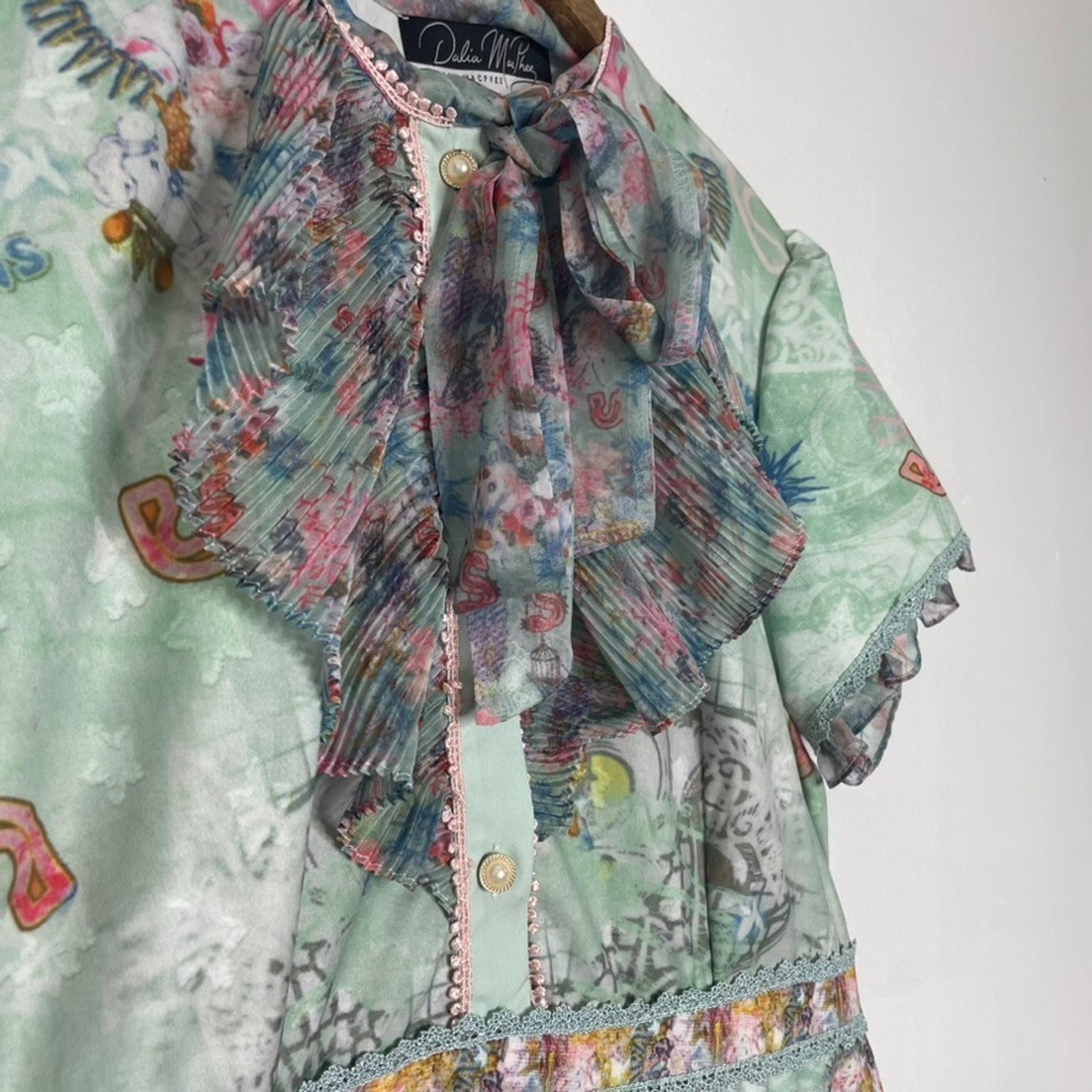 Dalia MacPhee Dress L Mint Multicolor Mesh Ruffle Neck Boho Garden Party
