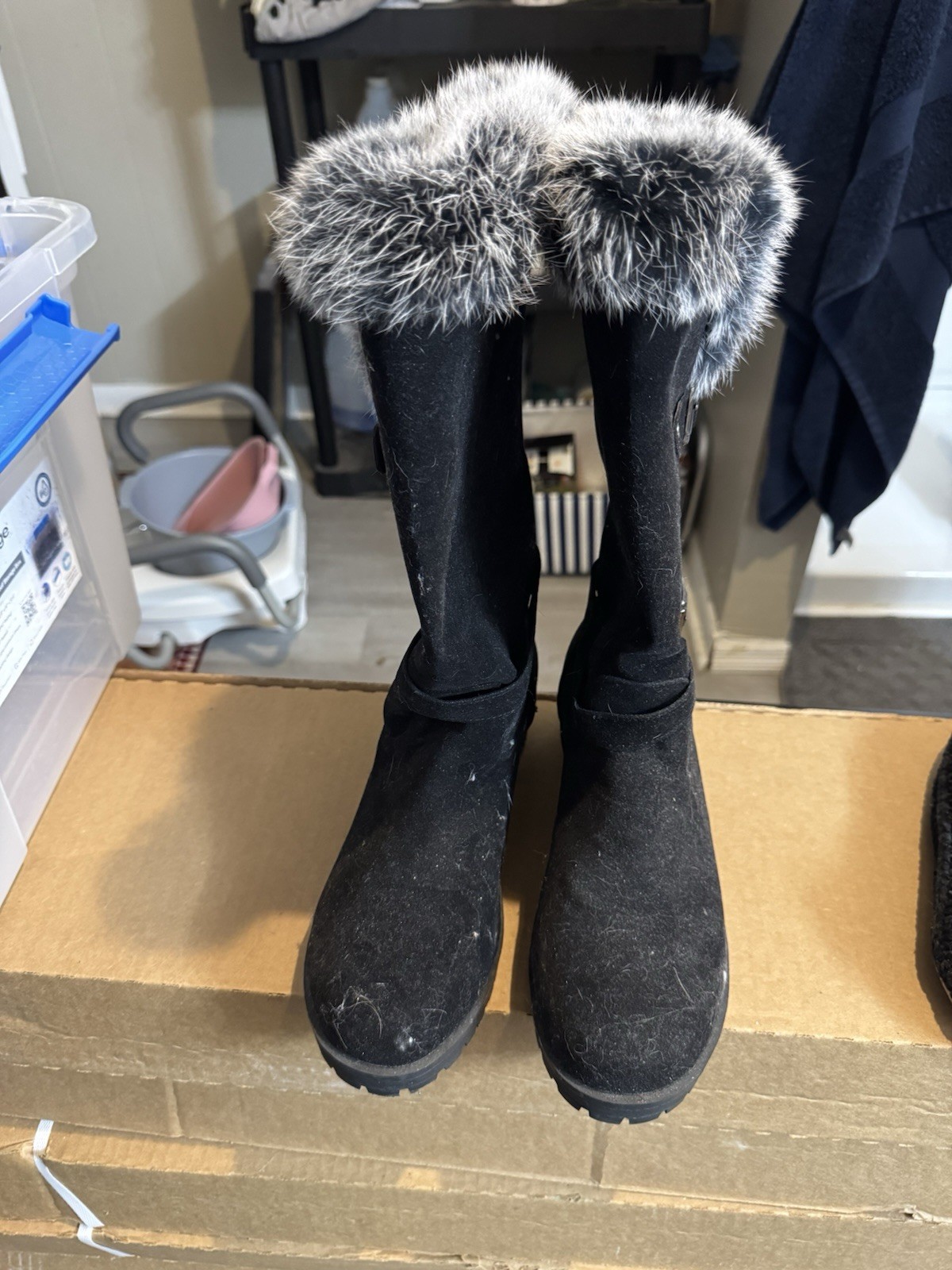 Black Suede Calf High Snow Boots with Fur Trim Buckle Accents Lined Winter