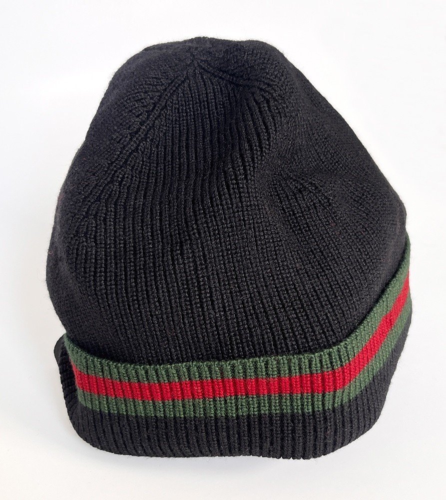 Gucci Wool Beanie Hat – Black with Green & Red Striped Band – Unisex