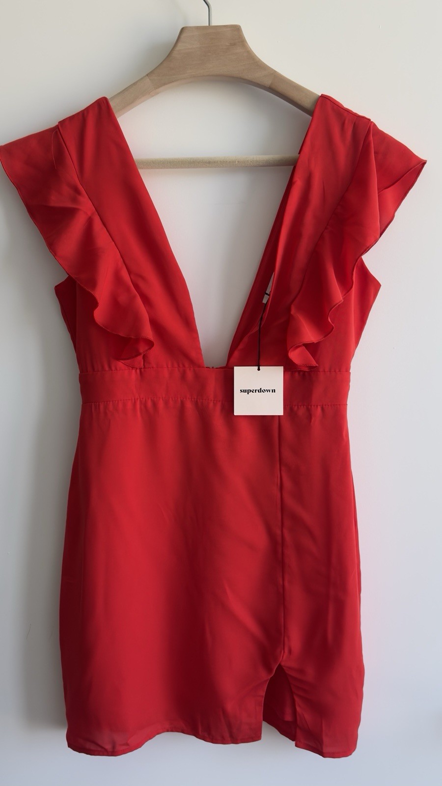 Superdown Harlow Mini Dress Red Ruffle Plunge V Neck Lined Size M NWT