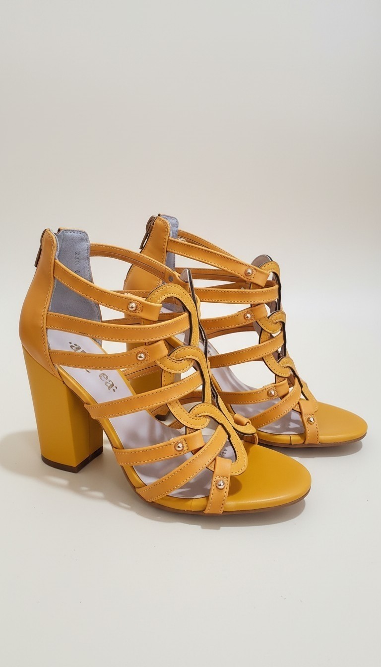 Andrea Mustard Yellow Cage Block Heel Sandals Strappy Open Toe US 6.5