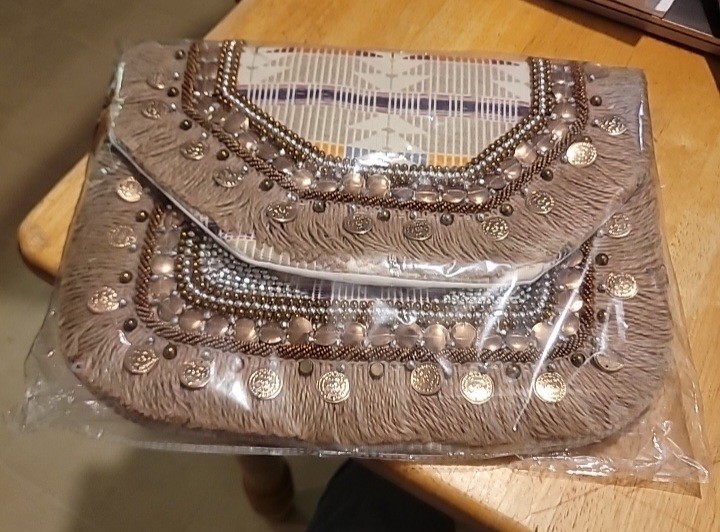 Women’s Beige Multicolor Geometric Clutch Bag, Beaded Studded Rectangle