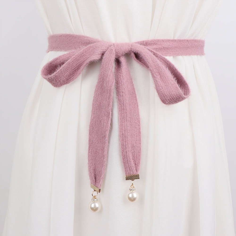 Women Knitted Beaded Belt Waistband Tie Ribbon Strap for Sweater Jumper Cardigan