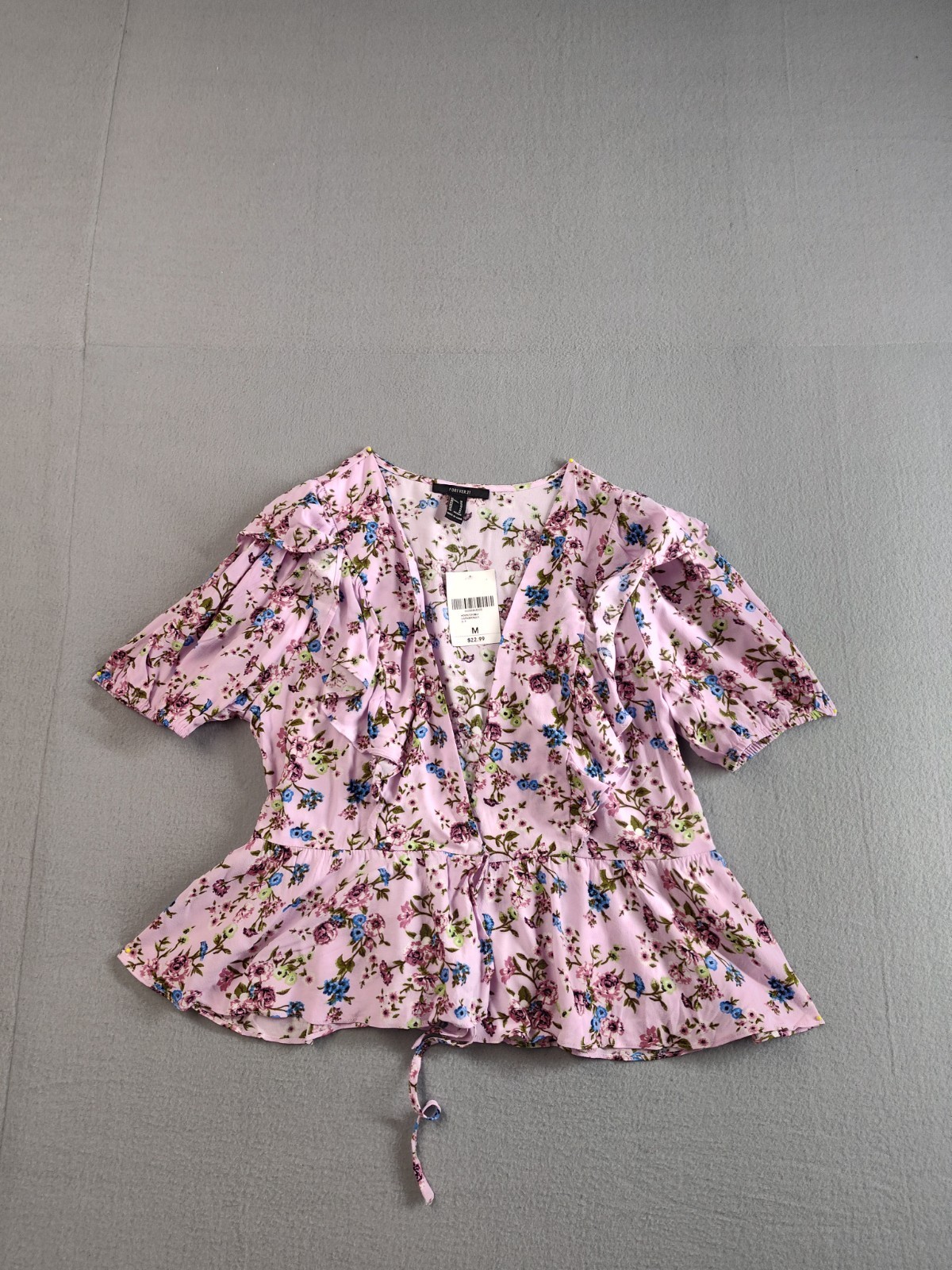 Forever 21 Women Romper M Purple Floral Ruffle Puff Sleeve V Neck Summer Casual