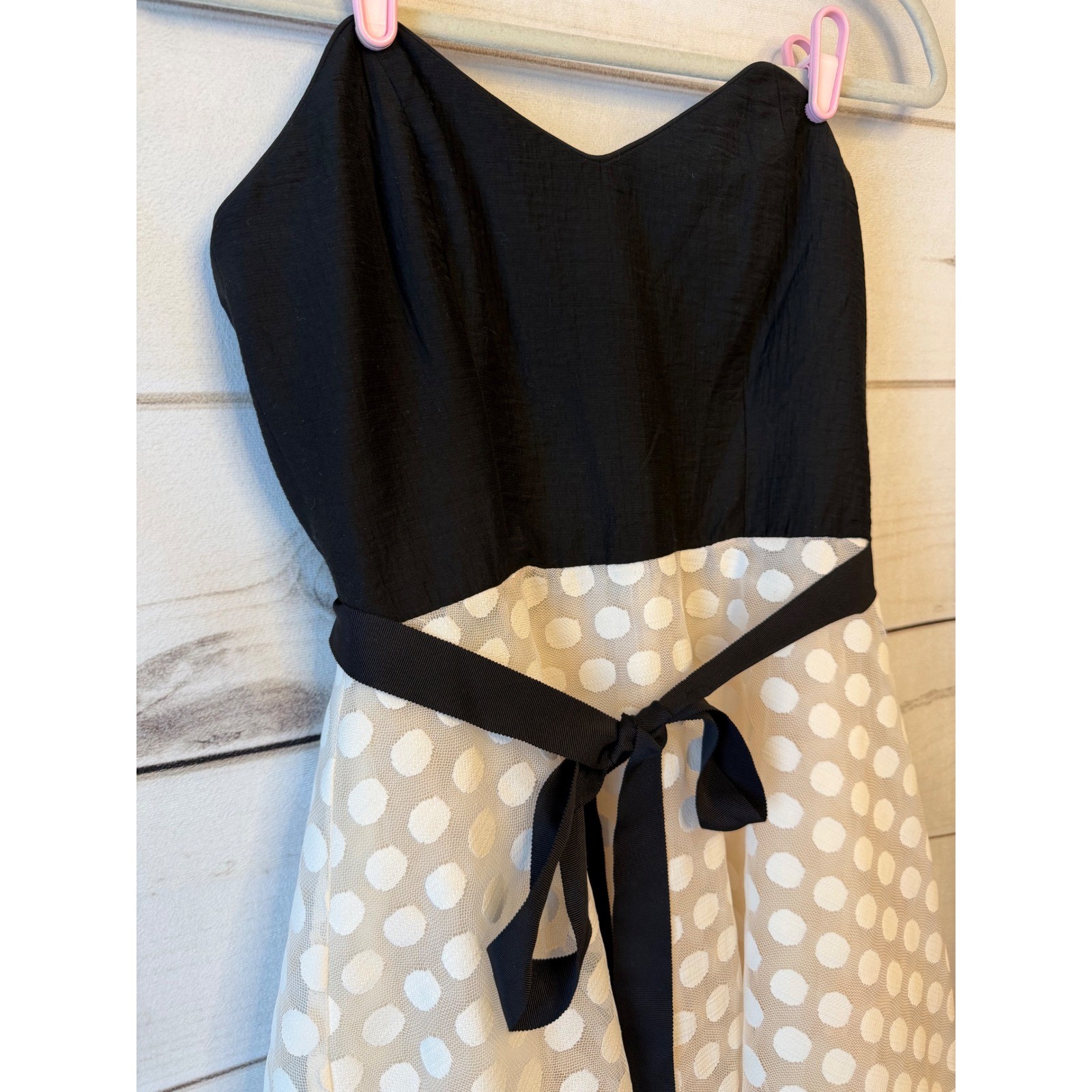 Corey Black White Polka Dot Fit Flare Dress Size 6 Sweetheart Neck Ribbon Tie