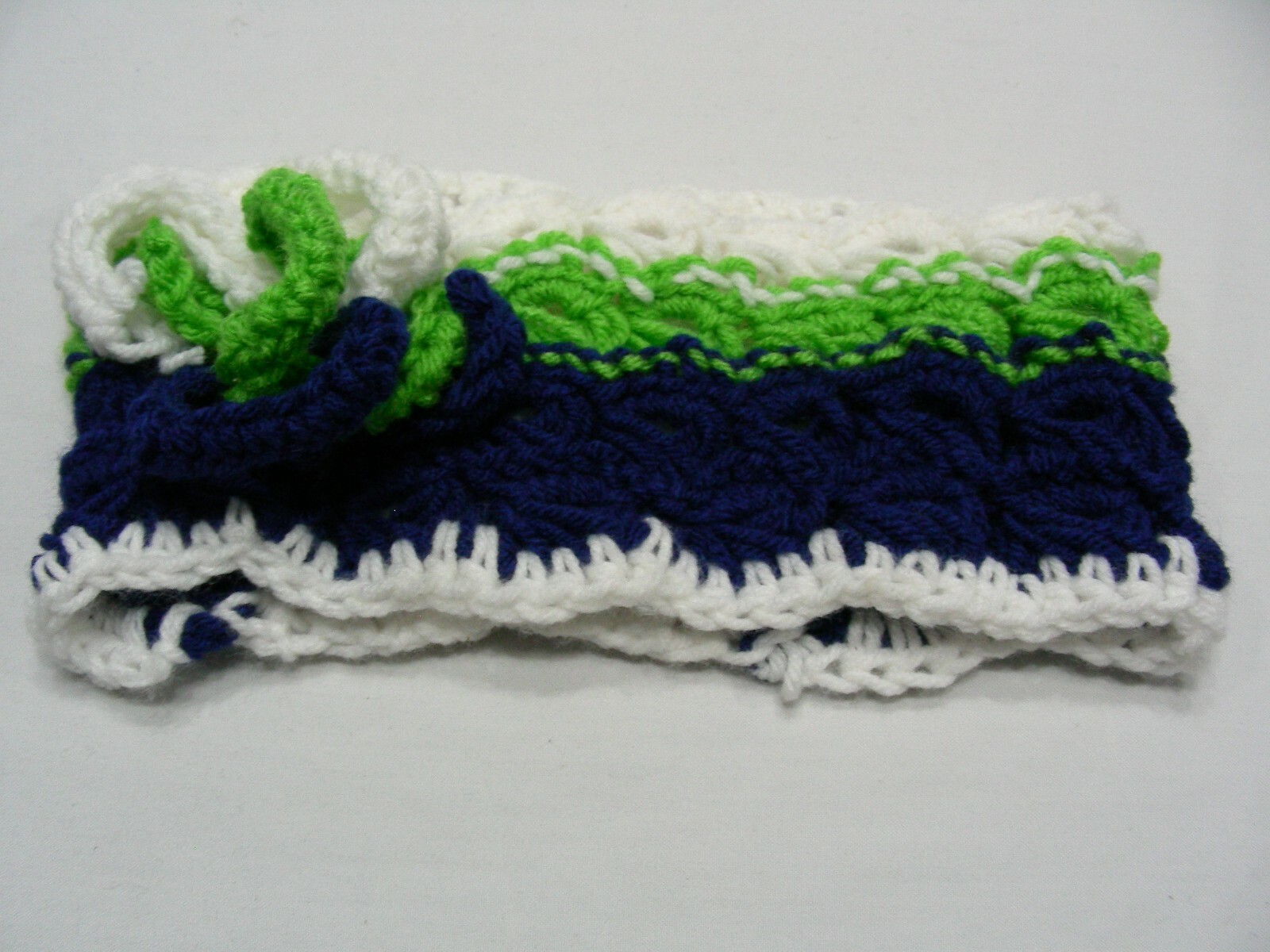 BLUE GREEN & WHITE – HAND KNITTED – ACRYLIC – ONE SIZE HEADBAND!