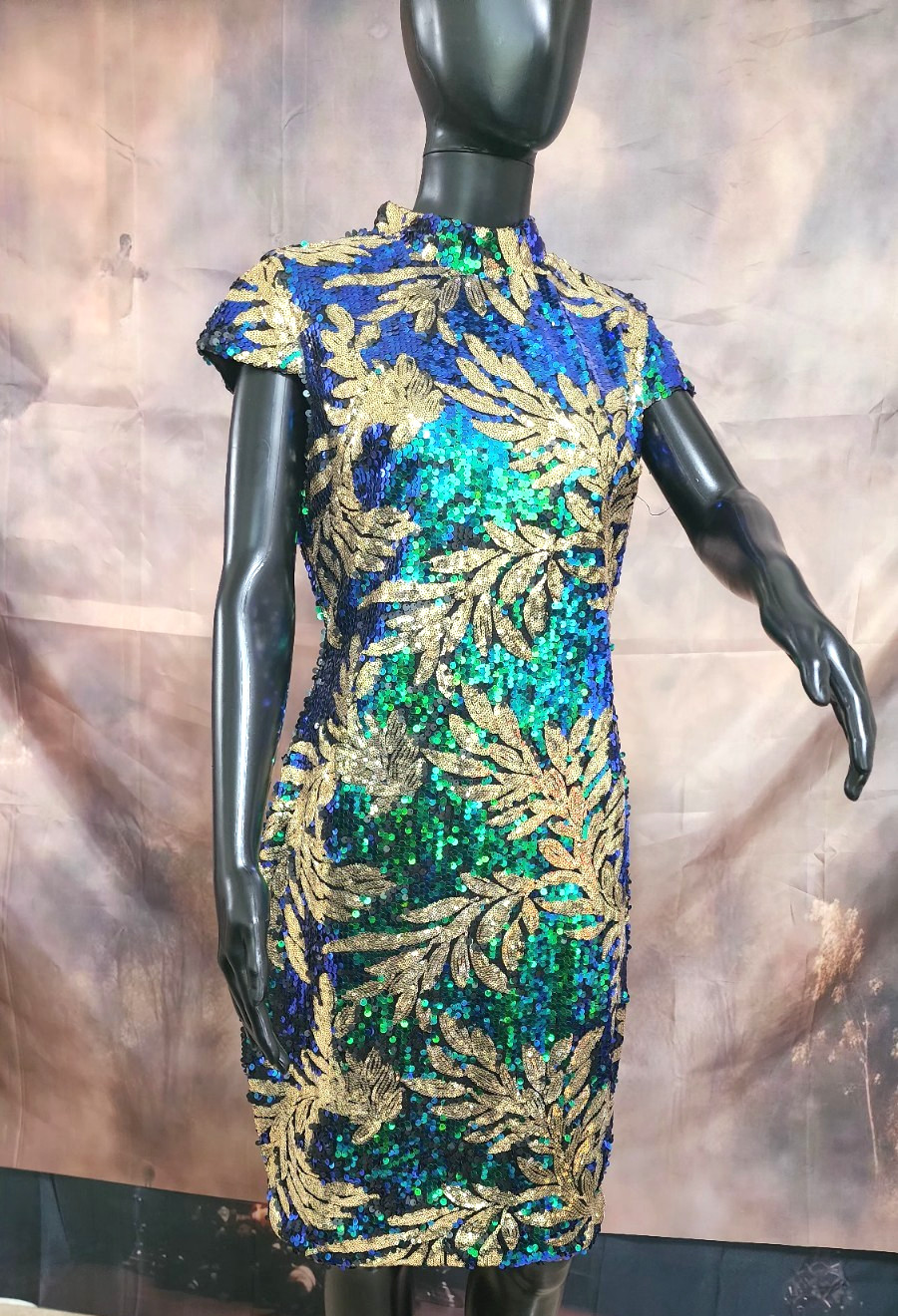 ✨ Blue & Emerald Sequin Cocktail Dress | Gold Embroidered Bodycon Party Dress