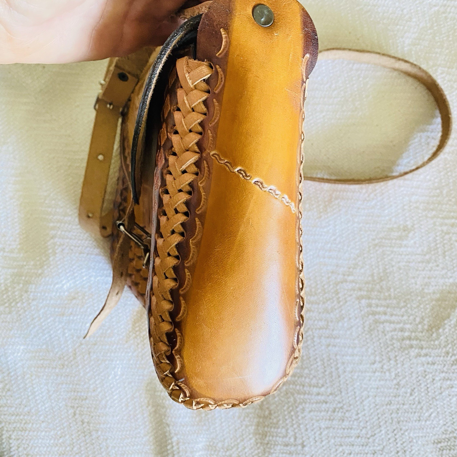 Hand Tooled Leather Colorblock Braided Studded Shoulder Bag Buckle Mexico