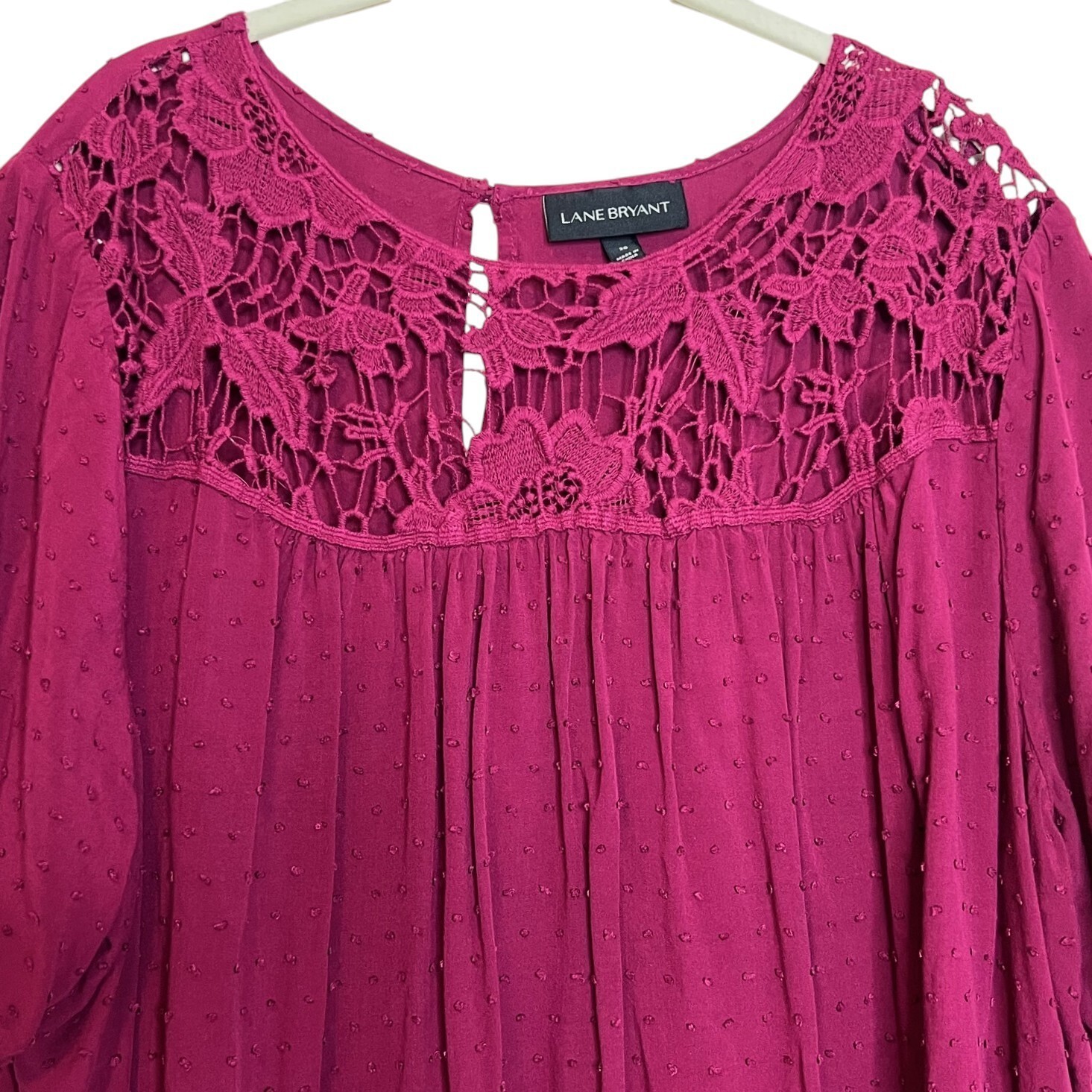 Lane Bryant Womens Swiss Dot Blouse Size 20 Raspberry Crochet Accents Boho