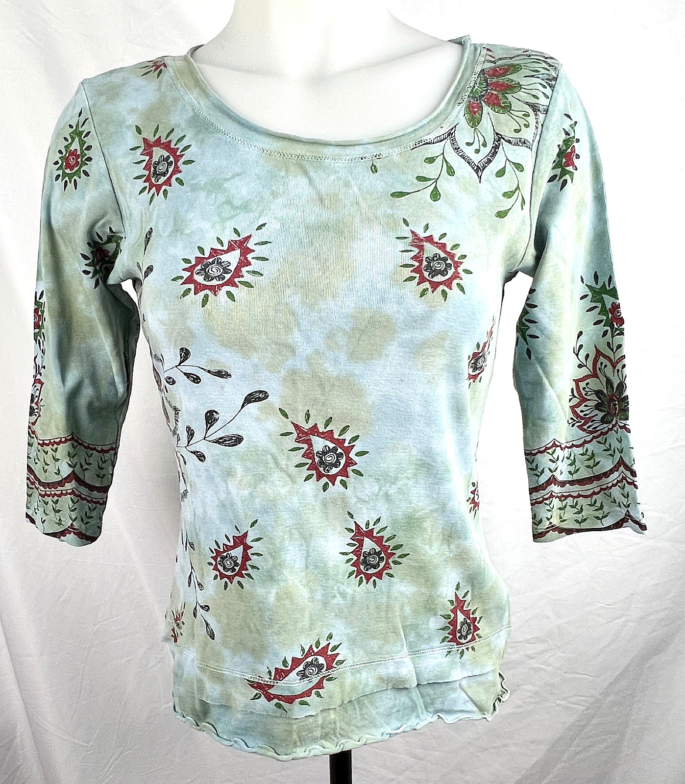 Glima Blue & Green Tie Dye Boho Paisley 3/4 Sleeve T-Shirt S Made in USA