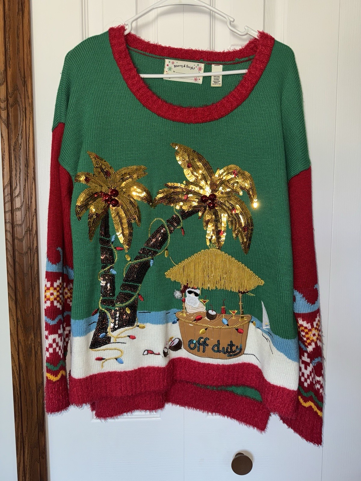 Christmas Sweater Women’s XL Green Red Gold Sequin Embroidered Knit Pullover