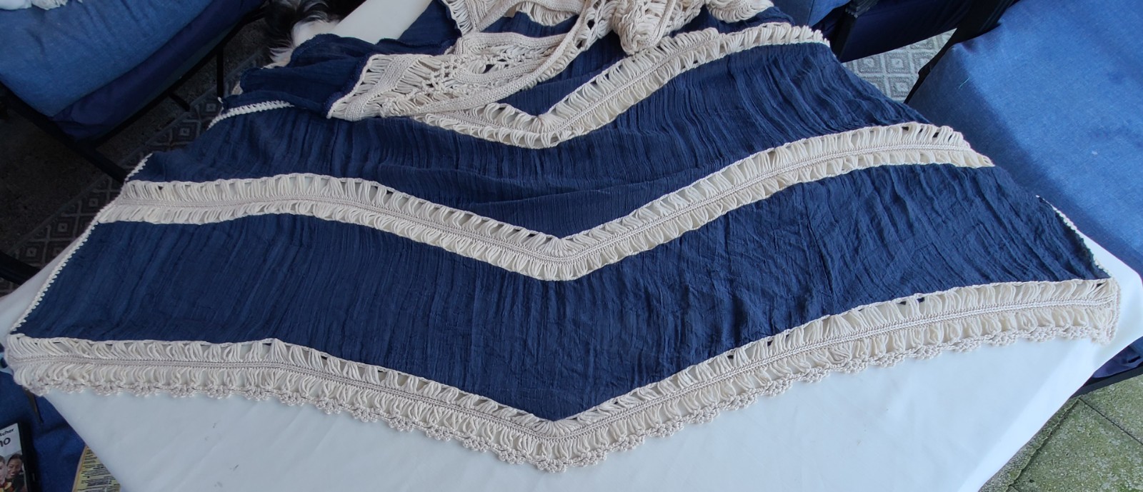 Cream & Blue Crochet Duster Over Wrap. Boho, Hippie Sz: M, Vivid Importers Of NY