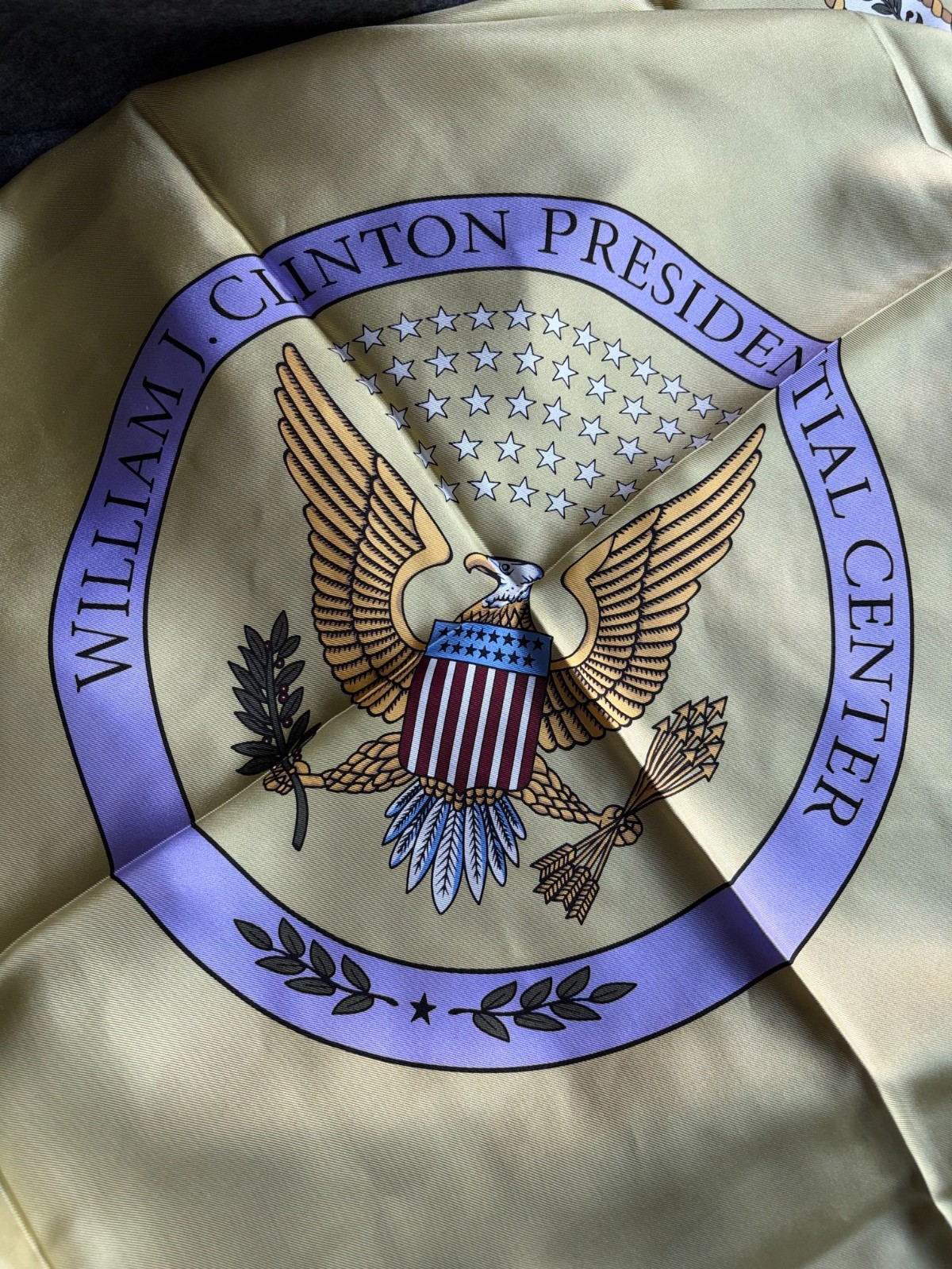 Bill Clinton Presidential Museum Library Scarf 35 in.Sq. Silk Gold Lavender Seal