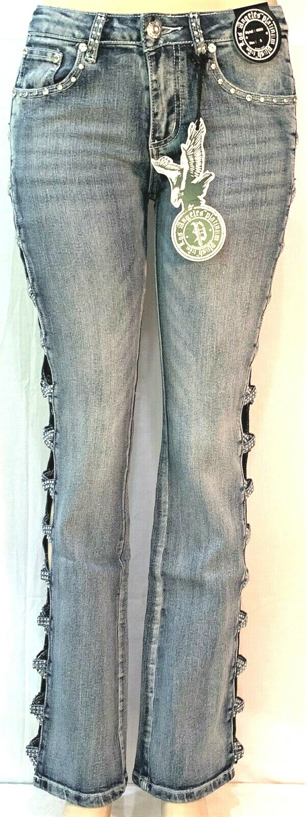 PLATINUM PLUSH OPEN LEG X DESIGN RHINESTONE DENIM BOOT CUT JEANS STYLE #4009