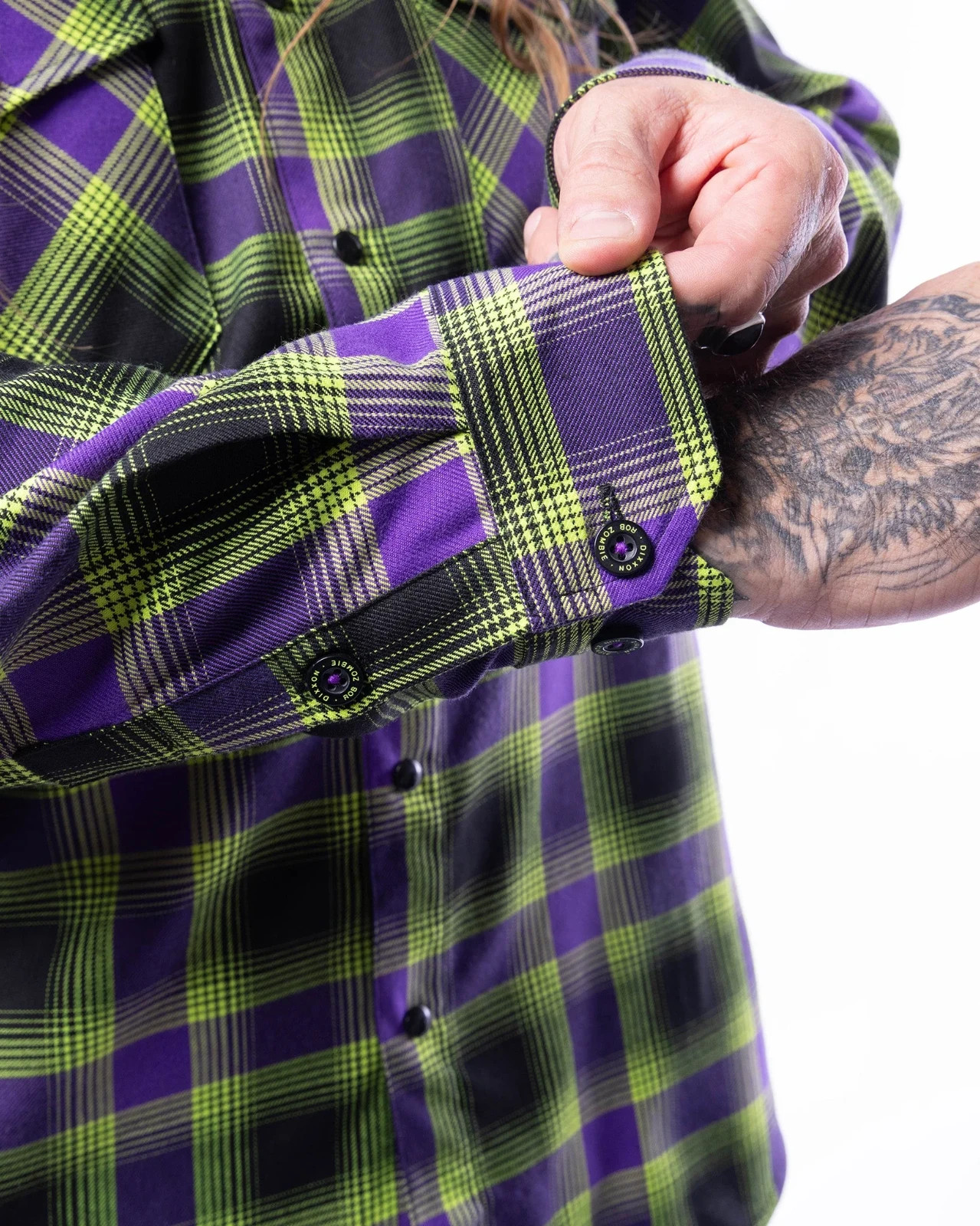 DIXXON Flannel “Rob Zombie” Men’s XL Neon Green & Purple Plaid Snap Band Shirt
