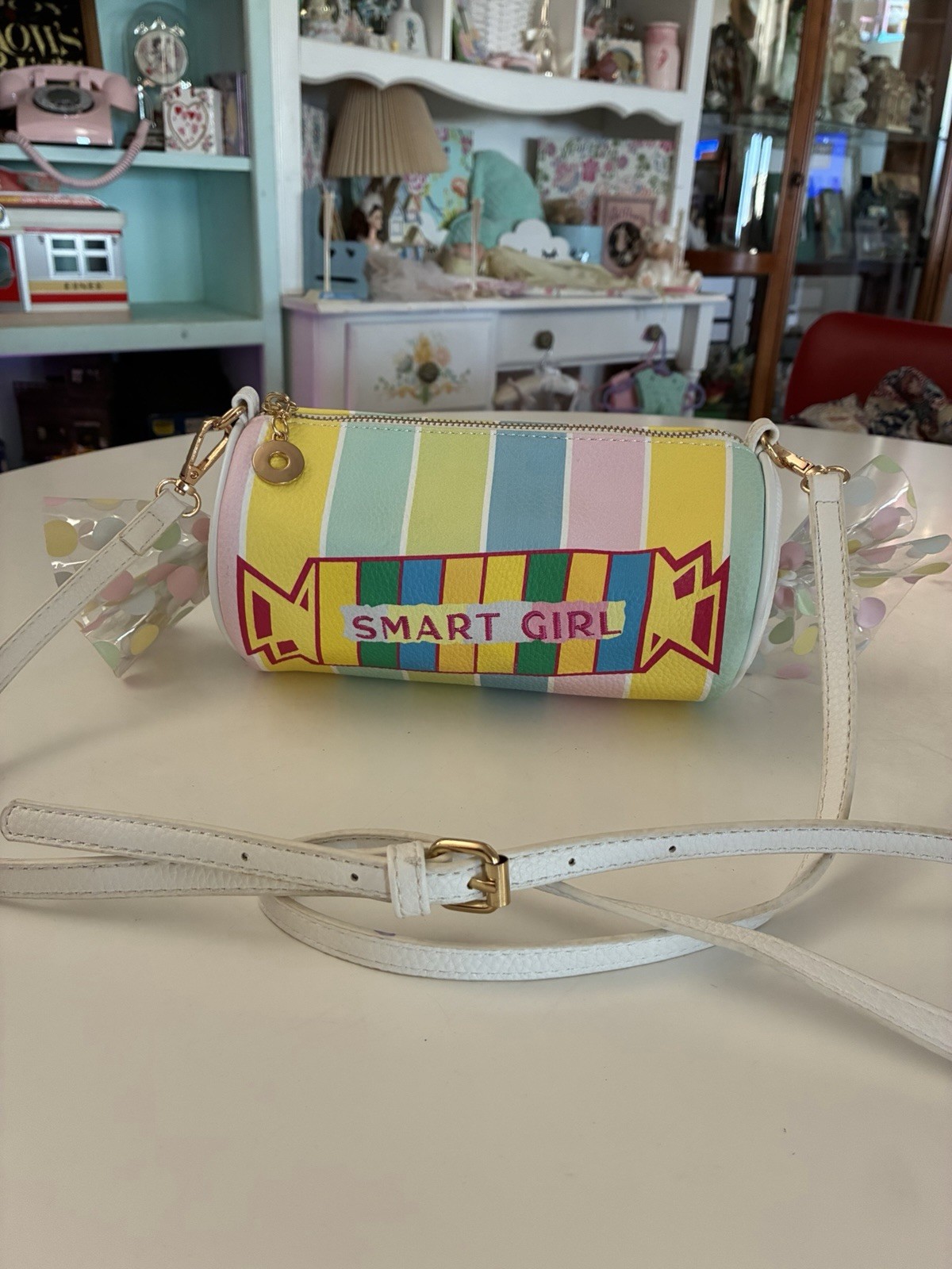 Smart Girl Striped Small Cylinder Crossbody Bag Multicolor/White Zip Strap