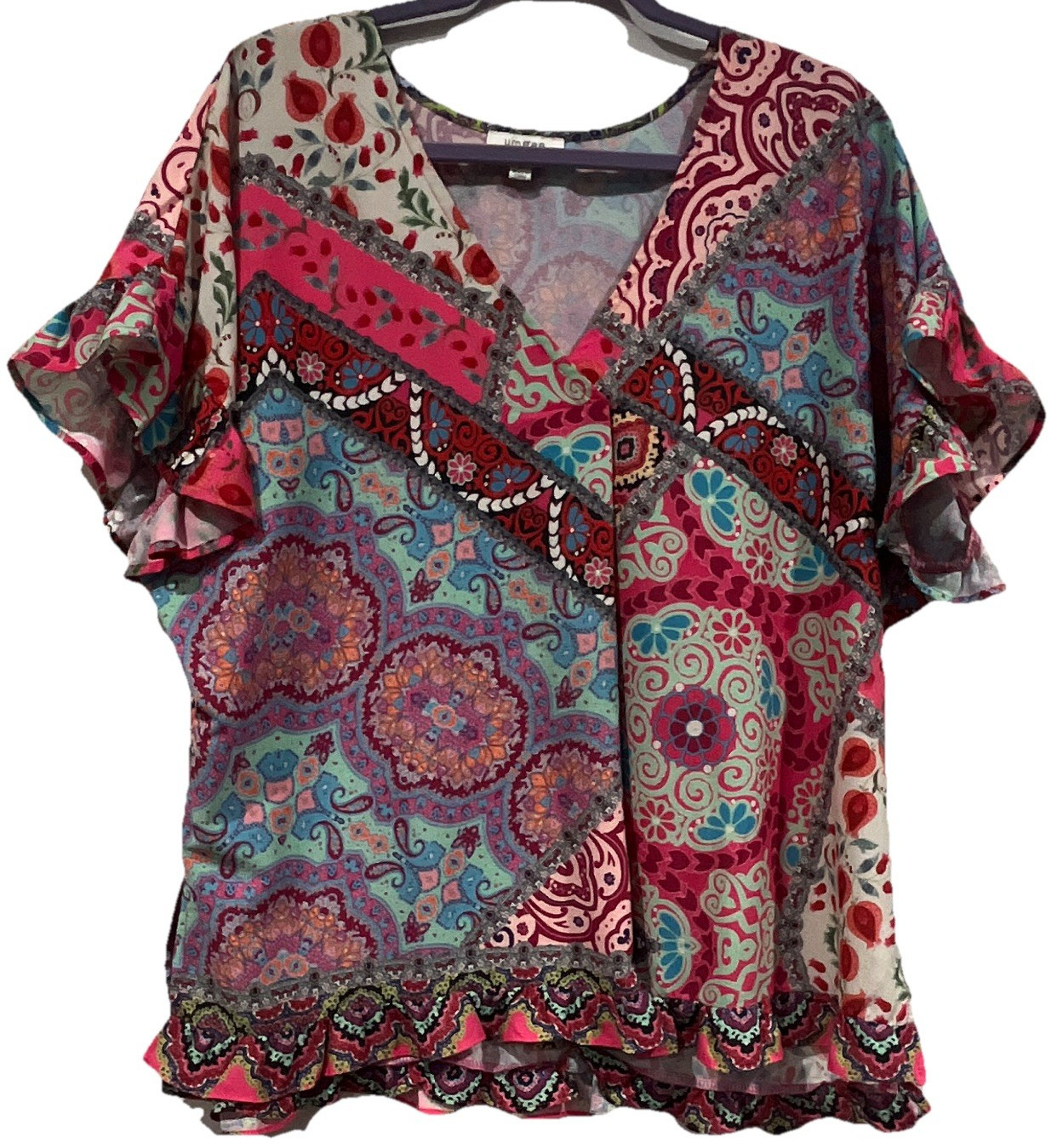 UMGEE Multicolor Paisley V-Neck Tunic Blouse Ruffle Short Sleeve Women’s M