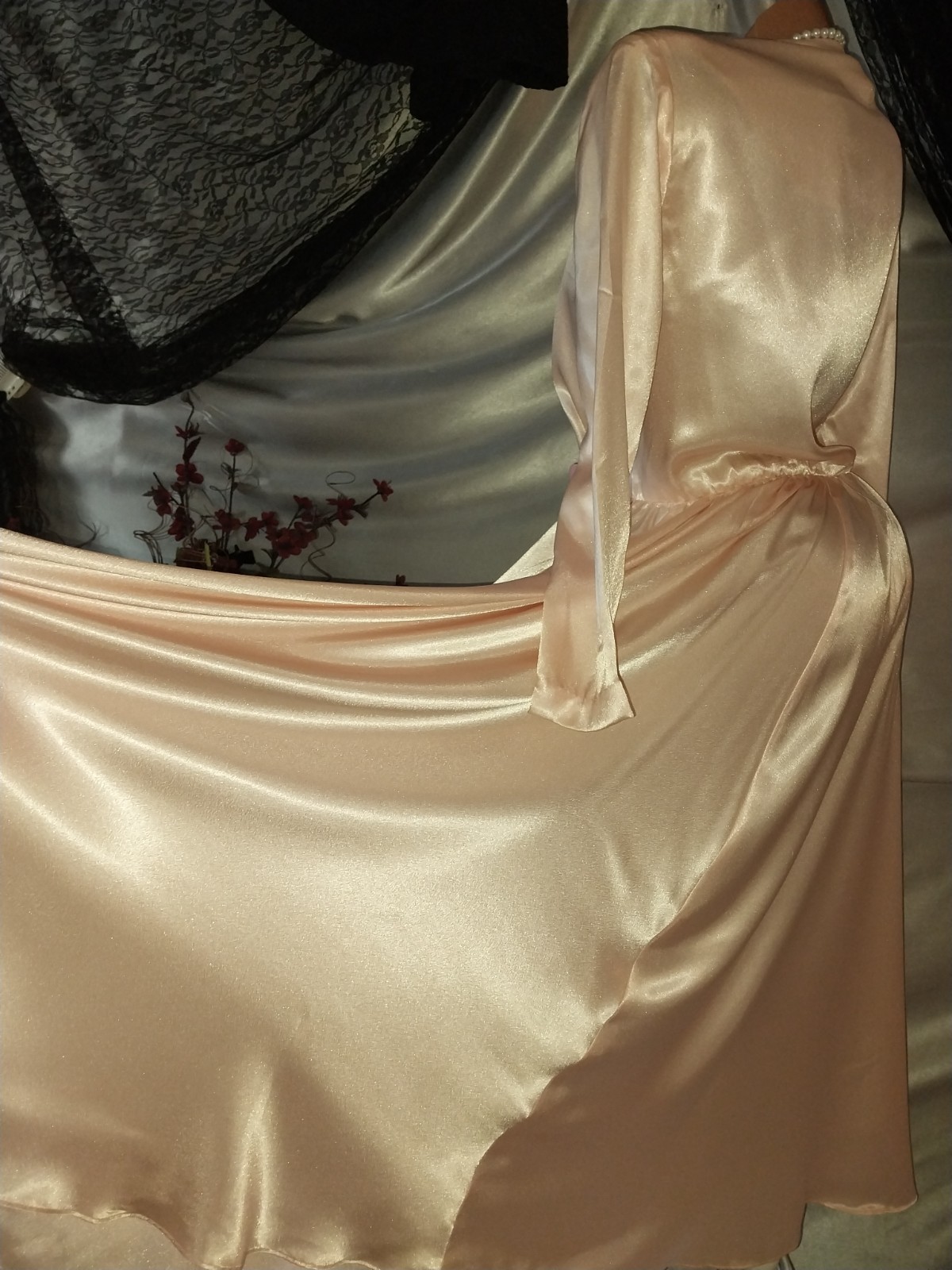Vtg SATIN IMPORTED PEACH PINK COWL CASCADE 350″ GRAND SWEEP FLARE MAXI DRESS L42