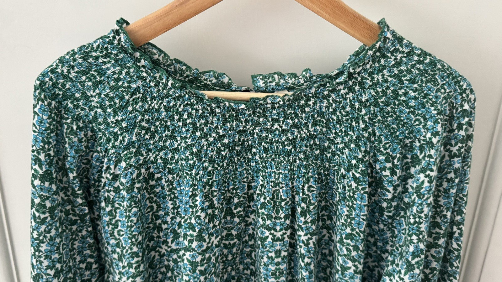 Hush Green Floral Smocked Blouse UK 16 100% Organic Cotton Boho Long Sleeve Top