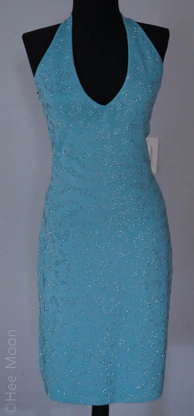ST JOHN EVENING LIGHT AQUA BLUE W/ RHINESTONES BEDAZZLED Cocktail Dress SZ 6