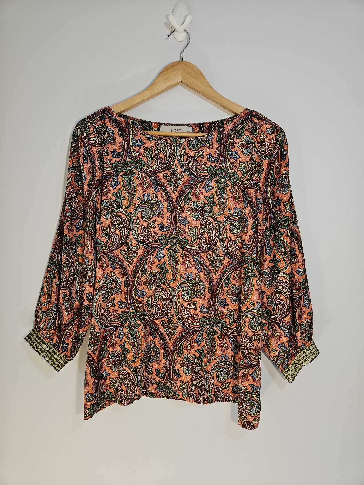 LOFT Womens Blouse Petite Medium Paisley Ballon Sleeves Satin