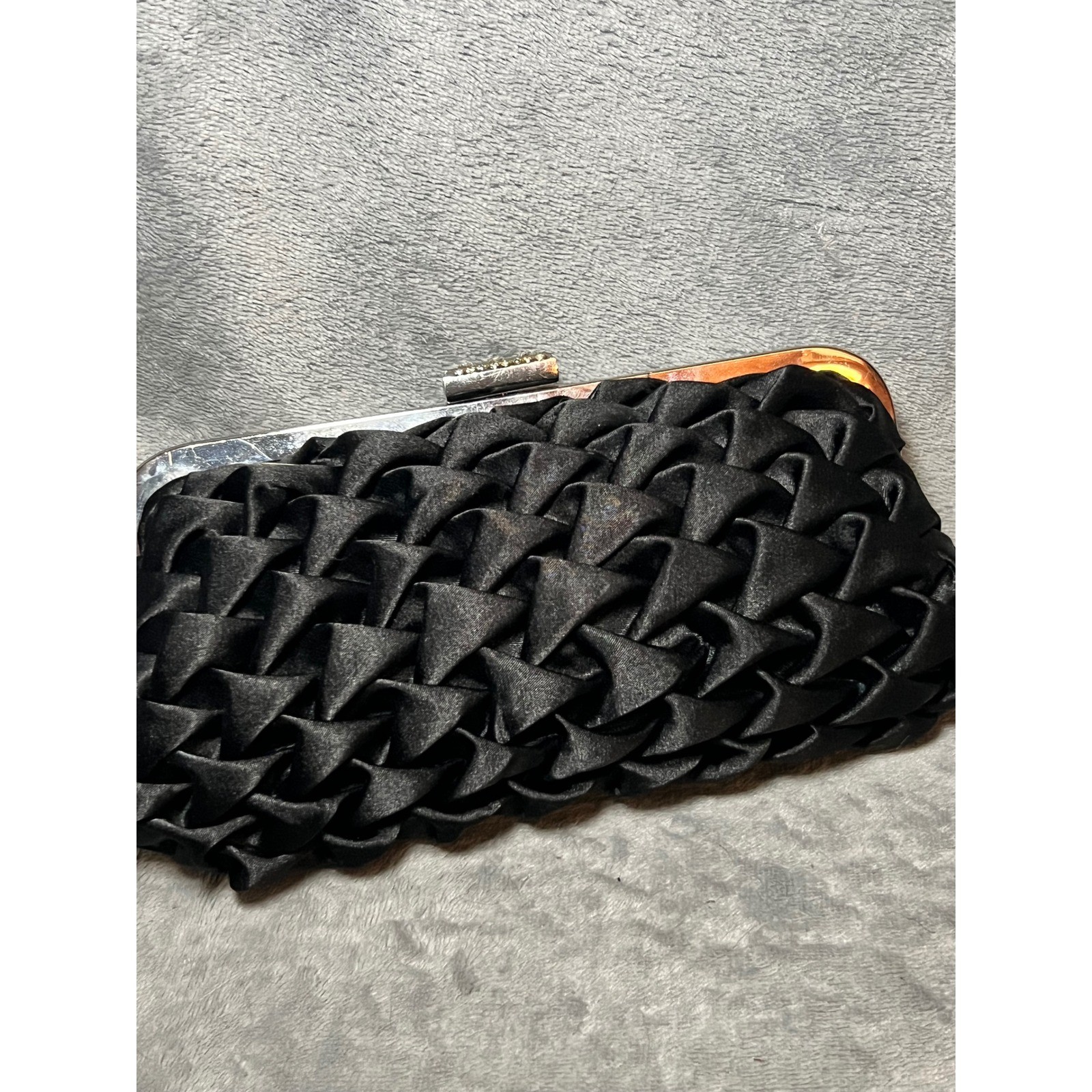 Lulu Townsend Black Satin Woven Clutch Rhinestone Chain Evening Bag Glam