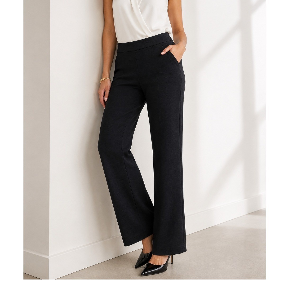 NEW New York & Company Size XL Black Textured Wide Leg Pants Side Zip NY&CO