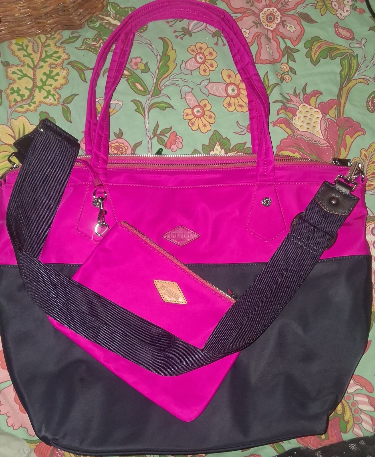 MZ Wallace hot pink & blue sturdy tote bag shopper travel shoulder bag w pouch