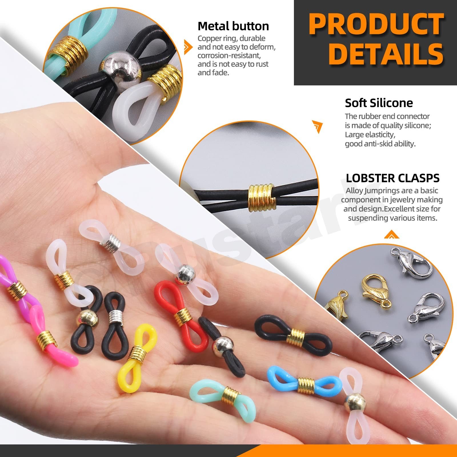 330Pcs Adjustable Silicone Eyeglass Chain Ends & Connectors, Anti-Slip Loops & C
